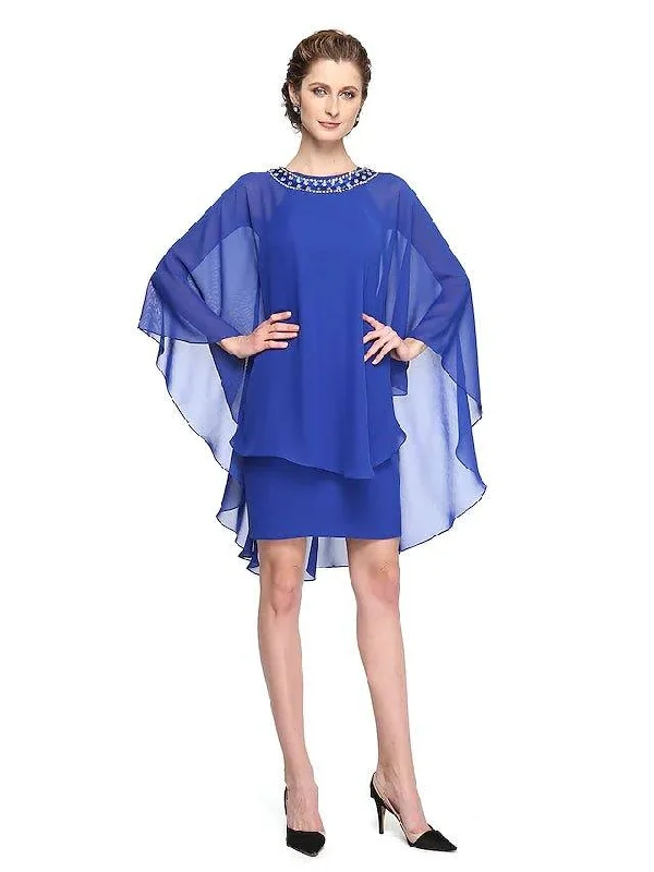 Sheath / Column Mother of the Bride Dress Two Piece Jewel Neck Short / Mini Chiffon Charmeuse Sleeveless with Pleats Beading