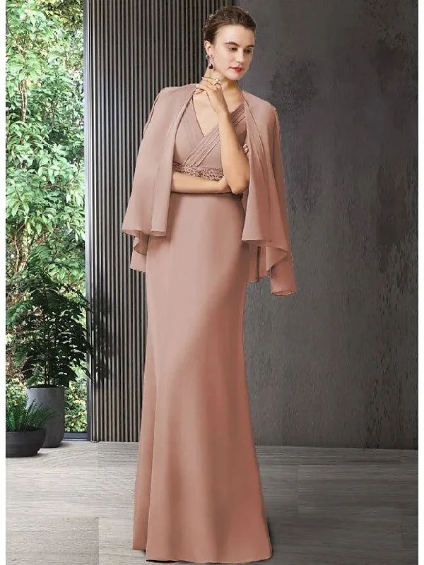 Two Piece Sheath / Column Mother of the Bride Dress Elegant V Neck Floor Length Chiffon Sleeveless with Sash / Ribbon Two Piece Sheath / Column Mother of the Bride Dress Elegant V Neck Floor Length Chiffon Sleeveless with Sash / Ribbon
