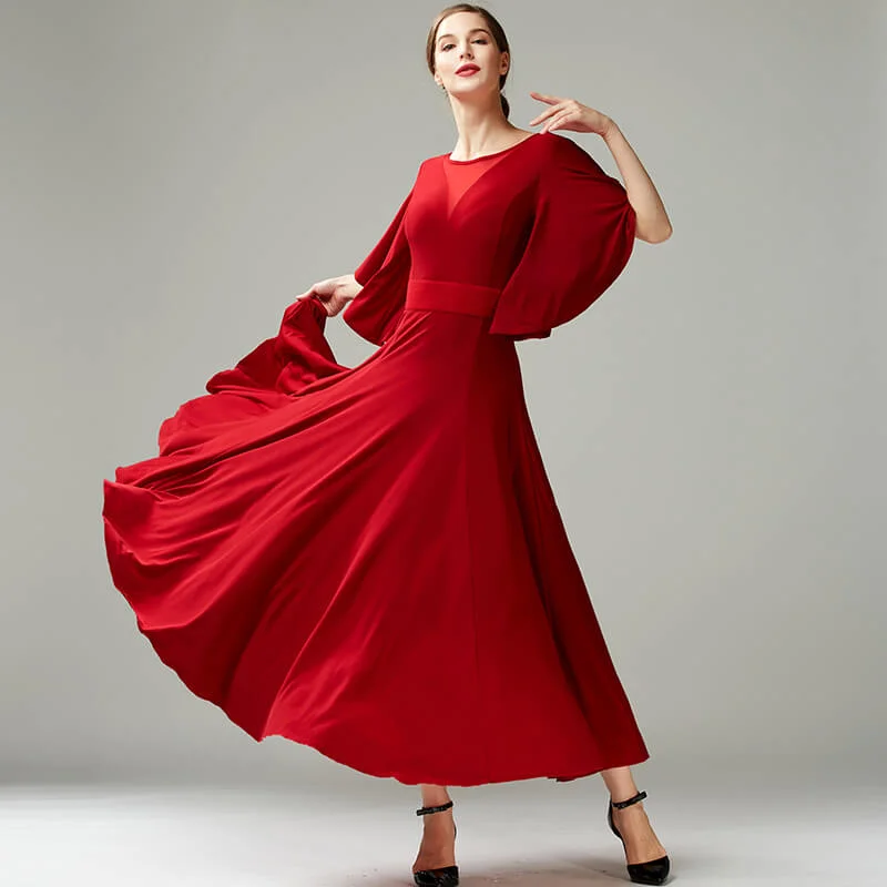 Crew Neck Flounce Sleeve Ballroom Dress with Flower Belt