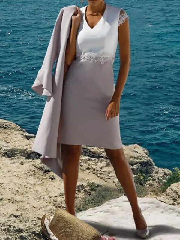 Two Piece Sheath / Column Mother of the Bride Dress Elegant Wrap Included V Neck Knee Length Stretch Chiffon Cap Sleeve with Appliques Color Block