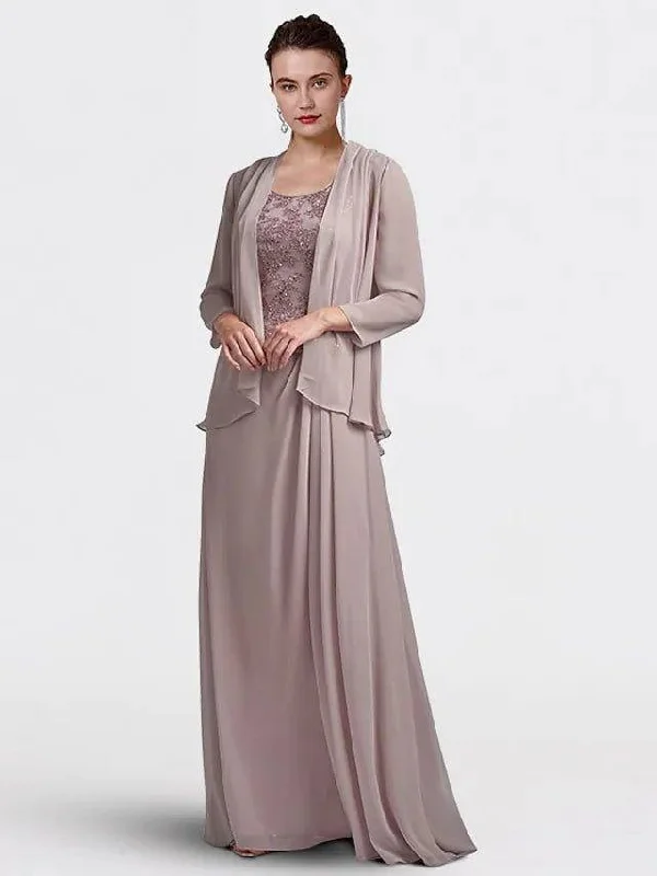 Two Piece Sheath / Column Mother of the Bride Dress Plus Size Elegant Jewel Neck Floor Length Chiffon Lace Sleeveless with Sequin Appliques