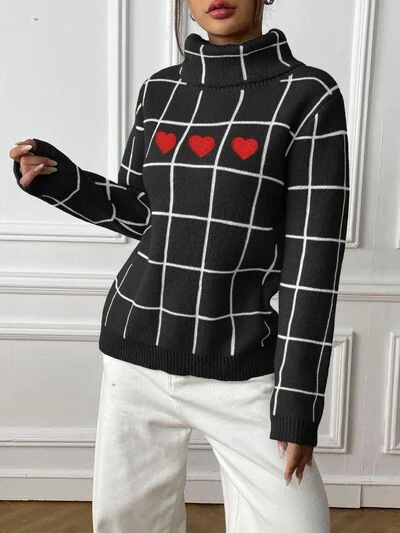 Lovecore Heart Plaid Turtleneck Long Sleeve Sweater Casual Formal Business