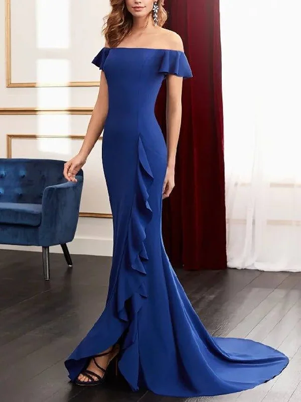 Sheath / Column Mother of the Bride Dress Elegant Off Shoulder Sweep / Brush Train Satin Sleeveless with Ruffles Split Front
