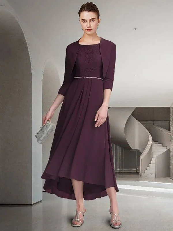 Two Piece A-Line Mother of the Bride Dress Elegant Jewel Neck Ankle Length Chiffon Lace Half Sleeve with Pleats Crystal Brooch