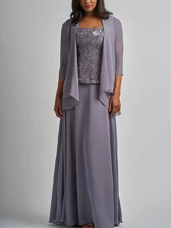 Two Piece A-Line Mother of the Bride Dress Elegant Wrap Included Square Neck Floor Length Chiffon Lace 3/4 Length Sleeve with Appliques Two Piece A-Line Mother of the Bride Dress Elegant Wrap Included Square Neck Floor Length Chiffon Lace 3/4 Length Sleeve with Appliques