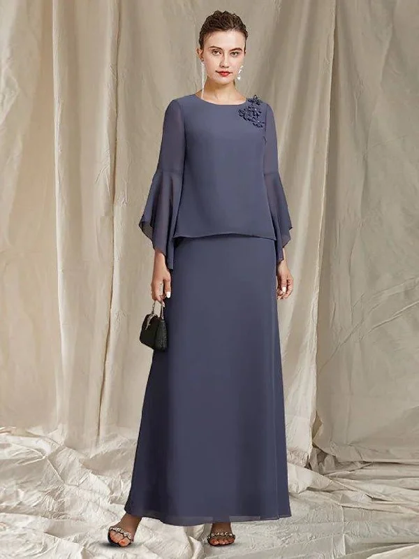 A-Line Mother of the Bride Dress Elegant Jewel Neck Ankle Length Chiffon Long Sleeve with Flower