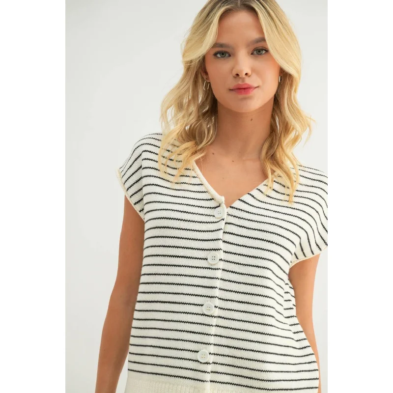 NORA STRIPED BUTTON-UP SWEATER TOP Cotton Fabric Linen Fabric Terry Fabric