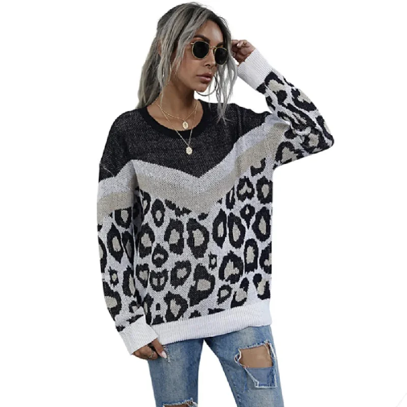 Womens Leopard Print Round Neck Sweater Houndstooth Herringbone Solid