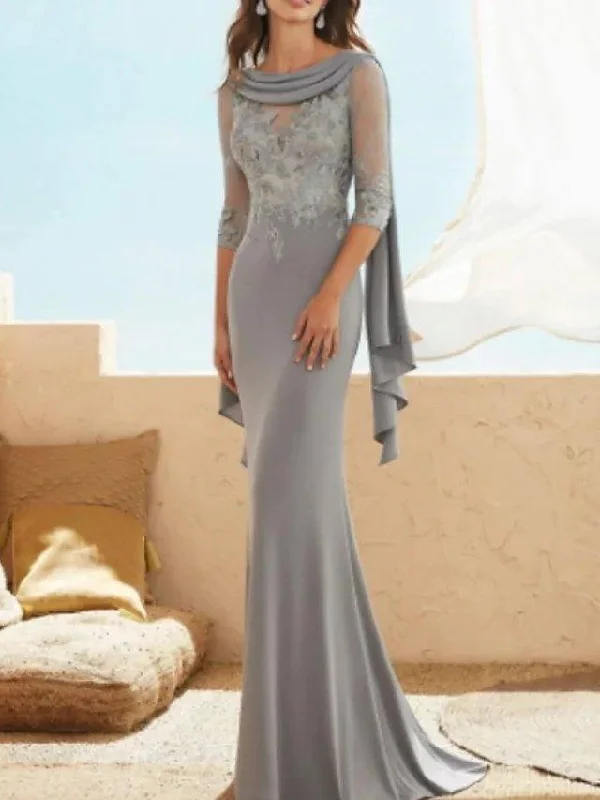 Sheath / Column Mother of the Bride Dress Elegant Jewel Neck Floor Length Chiffon Lace Half Sleeve with Appliques Ruching Sheath / Column Mother of the Bride Dress Elegant Jewel Neck Floor Length Chiffon Lace Half Sleeve with Appliques Ruching