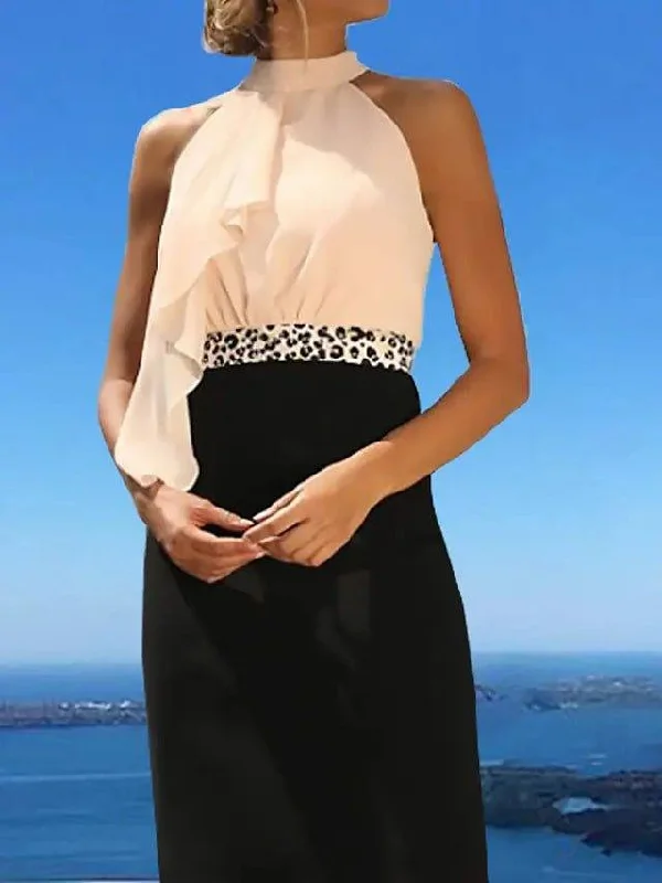Sheath / Column Mother of the Bride Dress Elegant High Neck Knee Length Chiffon Short Sleeve with Beading Ruffles Color Block Sheath / Column Mother of the Bride Dress Elegant High Neck Knee Length Chiffon Short Sleeve with Beading Ruffles Color Block