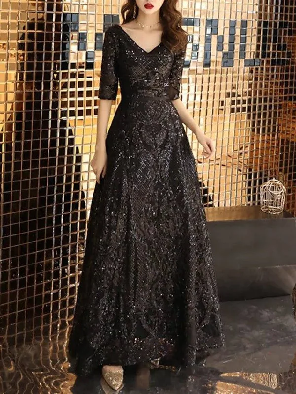 A-Line Mother of the Bride Dress Elegant Sparkle & Shine V Neck Floor Length Lace Tulle Half Sleeve with Sequin A-Line Mother of the Bride Dress Elegant Sparkle & Shine V Neck Floor Length Lace Tulle Half Sleeve with Sequin