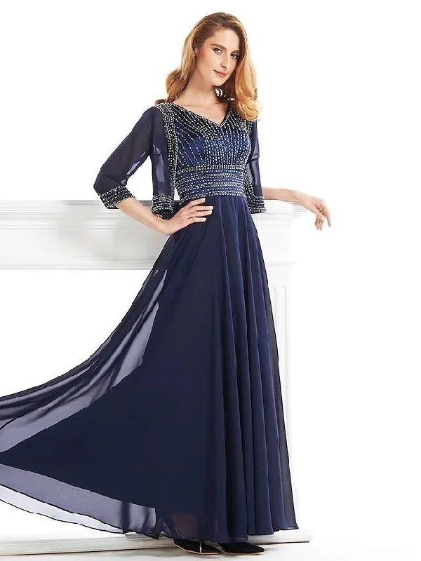 A-Line Mother of the Bride Dress V Neck Ankle Length Chiffon Half Sleeve with Beading