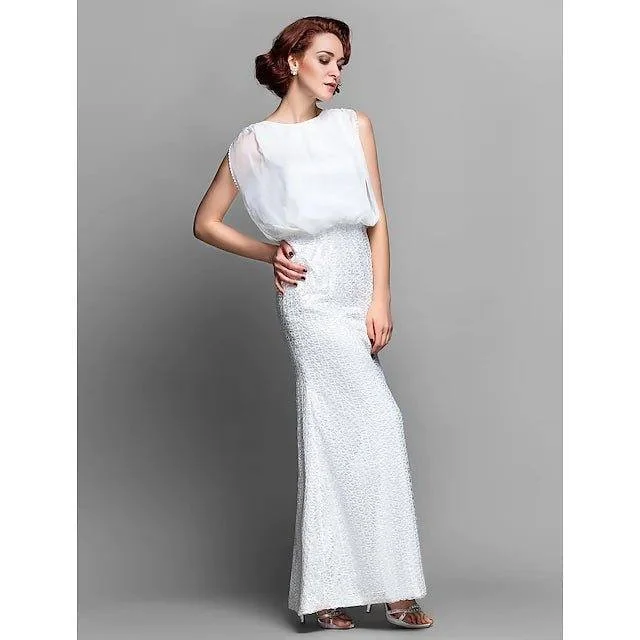Sheath / Column Mother of the Bride Dress Bateau Neck Floor Length Chiffon Lace Sleeveless with Beading