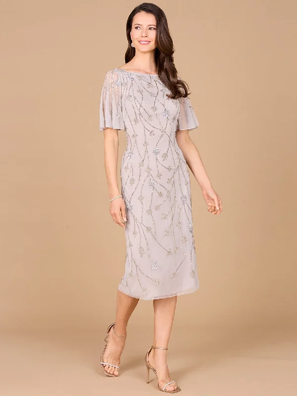 Lara Dresses 28996 Short Cape Sleeve Beaded Midi Cocktail Dress