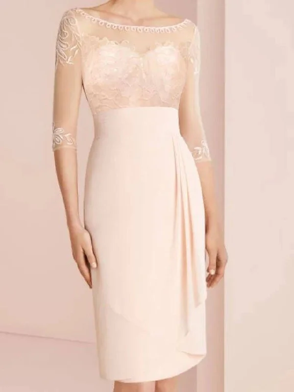 Sheath / Column Mother of the Bride Dress Elegant Illusion Neck Jewel Neck Knee Length Chiffon 3/4 Length Sleeve with Pleats Embroidery 2022 / Illusion Sleeve