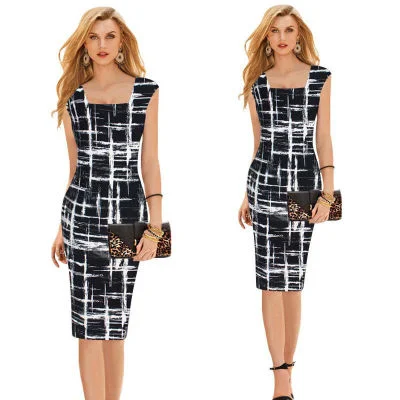 In summer 2021 fashion female sexy cocktail party ink stamp sleeveless package hip dress dress In summer 2021 fashion female sexy cocktail party ink stamp sleeveless package hip dress dress