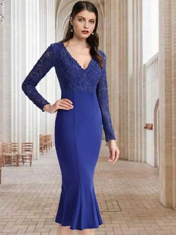 Mermaid / Trumpet Mother of the Bride Dress Elegant Sexy V Neck Tea Length Lace Stretch Fabric Long Sleeve with Appliques