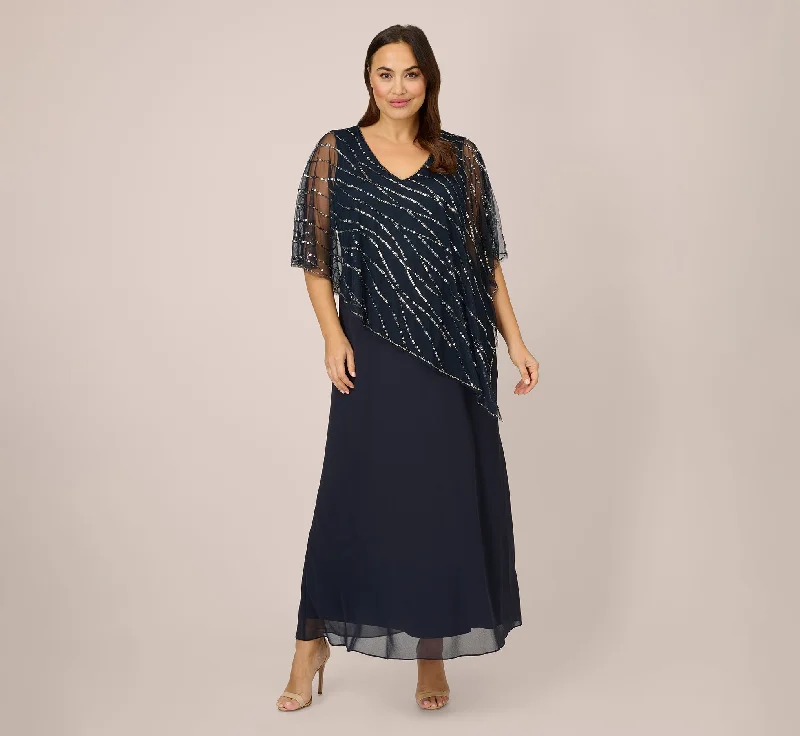 Plus Size Hand-Beaded Popover Long Dress In Midnight