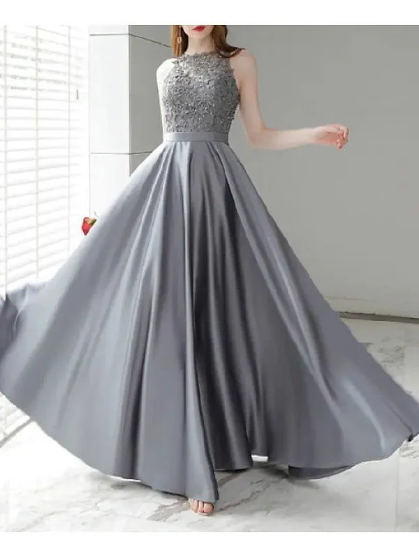 A-Line Mother of the Bride Dress Elegant Jewel Neck Floor Length Satin Sleeveless with Appliques