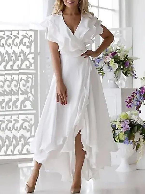 A-Line Mother of the Bride Dress Elegant V Neck Asymmetrical Chiffon Short Sleeve with Ruffles Split Front A-Line Mother of the Bride Dress Elegant V Neck Asymmetrical Chiffon Short Sleeve with Ruffles Split Front