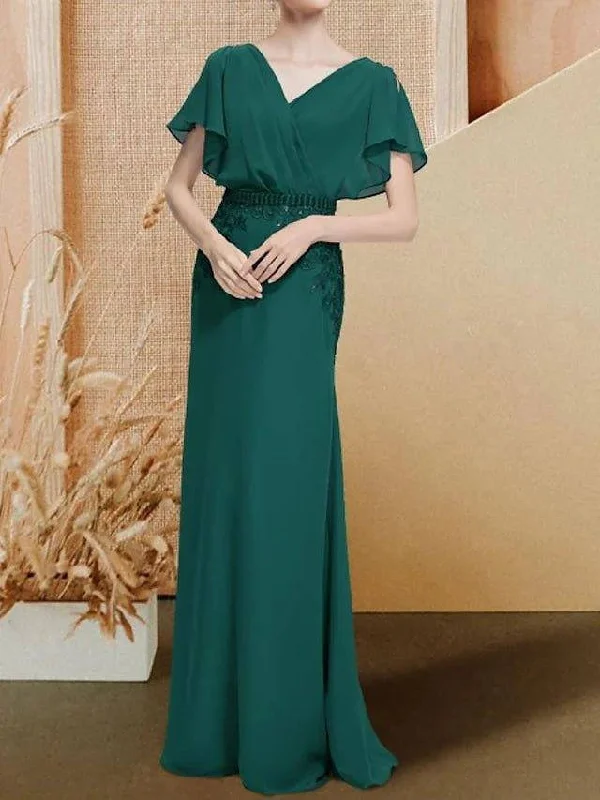 Sheath / Column Mother of the Bride Dress Plus Size Elegant V Neck Floor Length Chiffon Lace Sleeveless with Sash / Ribbon Appliques