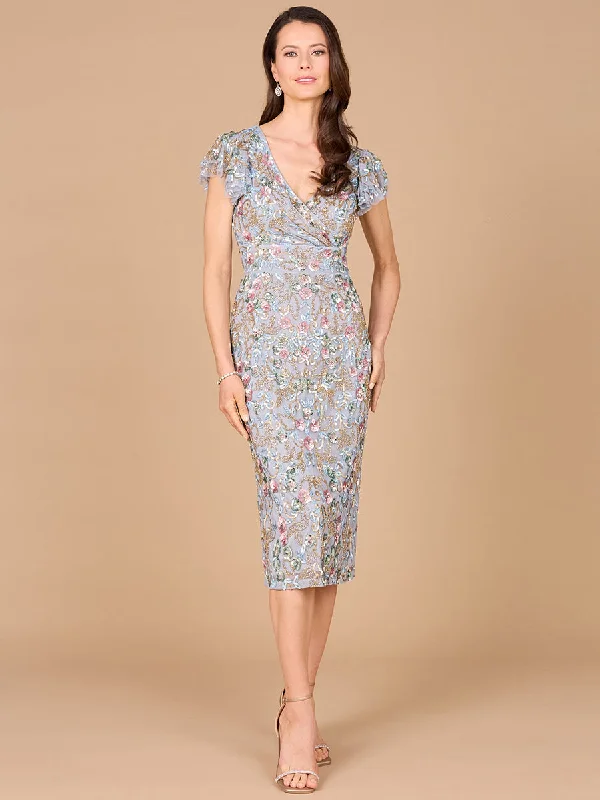 Lara Dresses 29036 Short Floral Beaded Midi Cocktail Dress