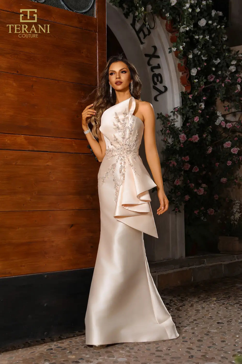 Terani Couture 251E4265 Beaded Long Floral Lace Applique Formal Evening Dress