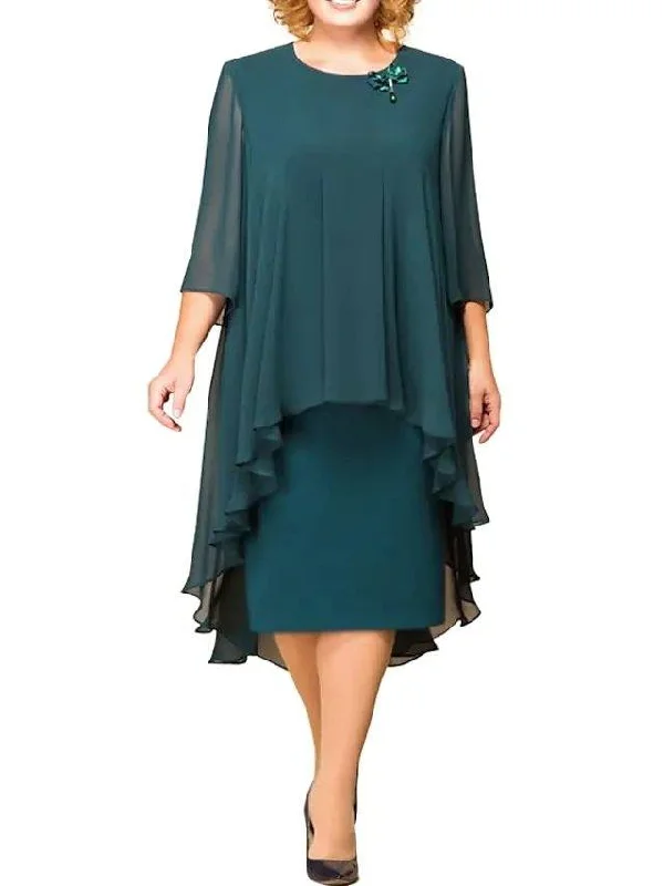 Sheath / Column Mother of the Bride Dress Plus Size Jewel Neck Knee Length Chiffon 3/4 Length Sleeve with Ruffles Ruching Sheath / Column Mother of the Bride Dress Plus Size Jewel Neck Knee Length Chiffon 3/4 Length Sleeve with Ruffles Ruching