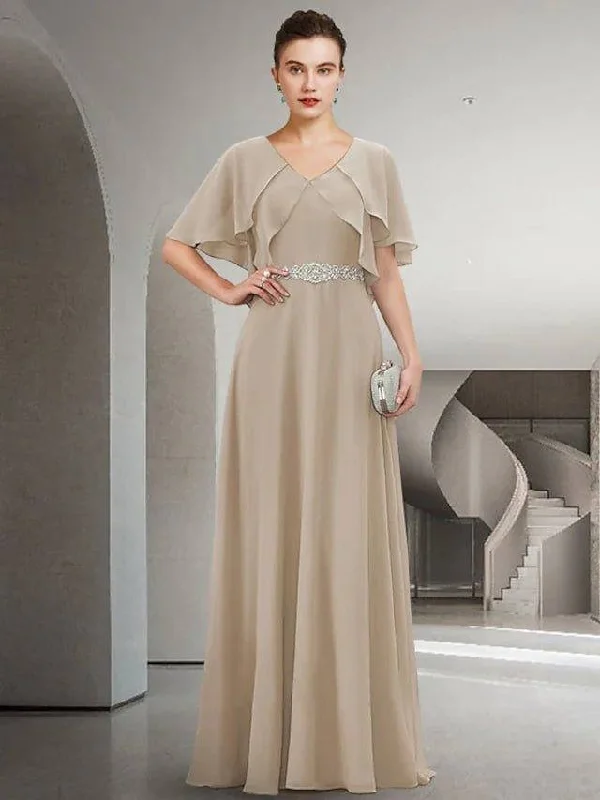 Sheath / Column Mother of the Bride Dress Elegant Jewel Neck Floor Length Chiffon Short Sleeve with Pleats Ruffles Crystal Brooch Sheath / Column Mother of the Bride Dress Elegant Jewel Neck Floor Length Chiffon Short Sleeve with Pleats Ruffles Crystal Brooch