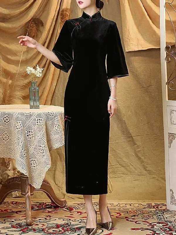 Sheath / Column Mother of the Bride Dress Elegant Vintage High Neck Ankle Length Velvet Half Sleeve with Split Front Sheath / Column Mother of the Bride Dress Elegant Vintage High Neck Ankle Length Velvet Half Sleeve with Split Front