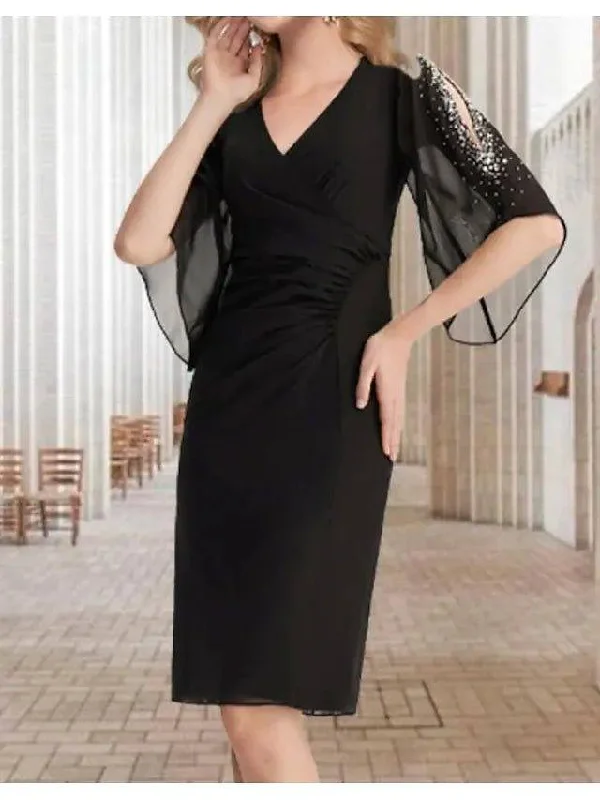 Sheath / Column Mother of the Bride Dress Elegant V Neck Knee Length Chiffon Half Sleeve with Beading Sequin Side-Draped