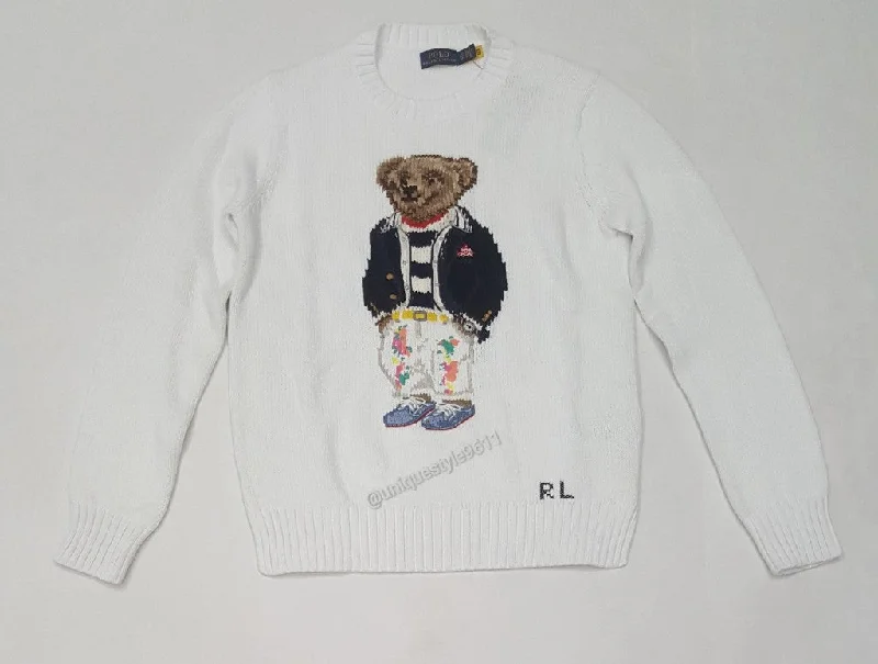 Nwt Polo Ralph Lauren Women's Cotton Bear Sweater Embroidered Appliqued Beaded
