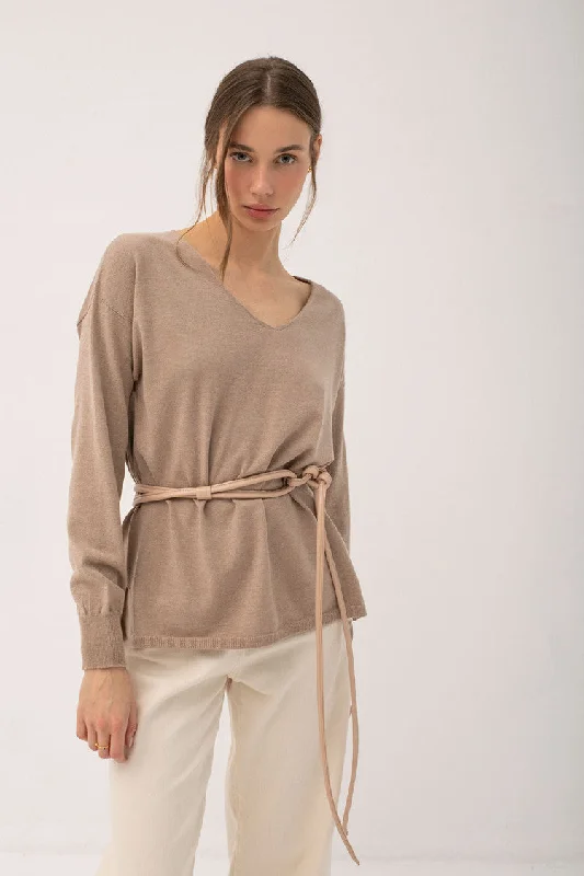 Mus & Bombon Nilo Basic V-Neck Sweater | Beige Ribbed Striped Patterned