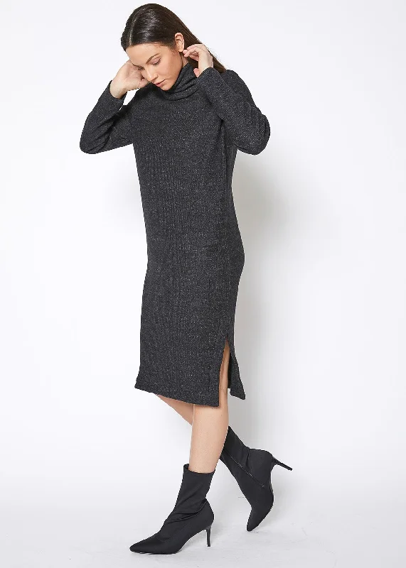 Women's Turtle Neck Midi Sweater Dress Zippered Buttoned Snapped
