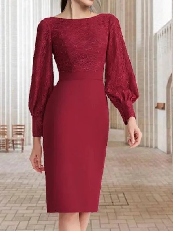 Sheath / Column Mother of the Bride Dress Elegant Jewel Neck Knee Length Chiffon Long Sleeve with Solid Color Sheath / Column Mother of the Bride Dress Elegant Jewel Neck Knee Length Chiffon Long Sleeve with Solid Color