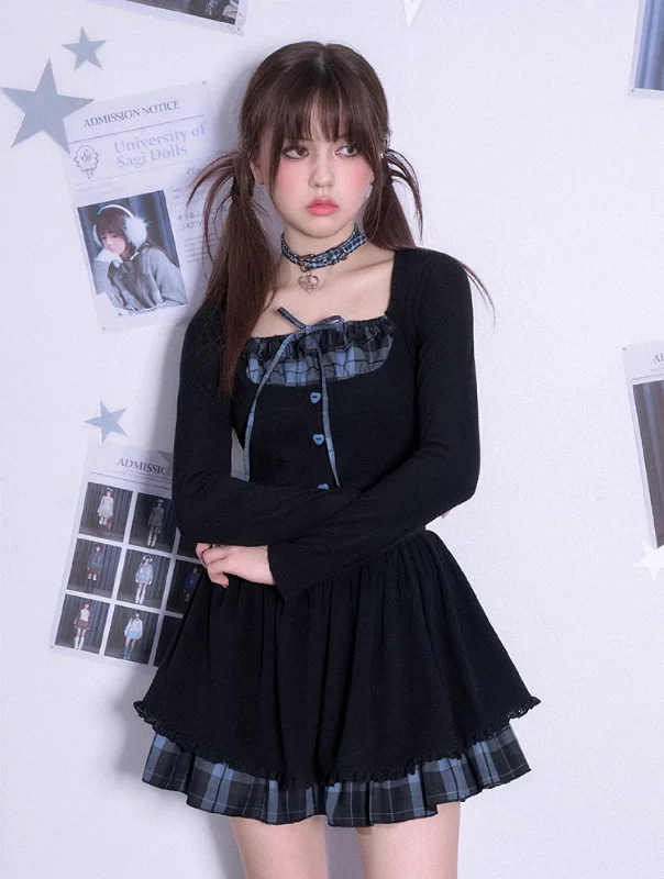 Blue Black Grid Knitted Cake Dress SAG0219