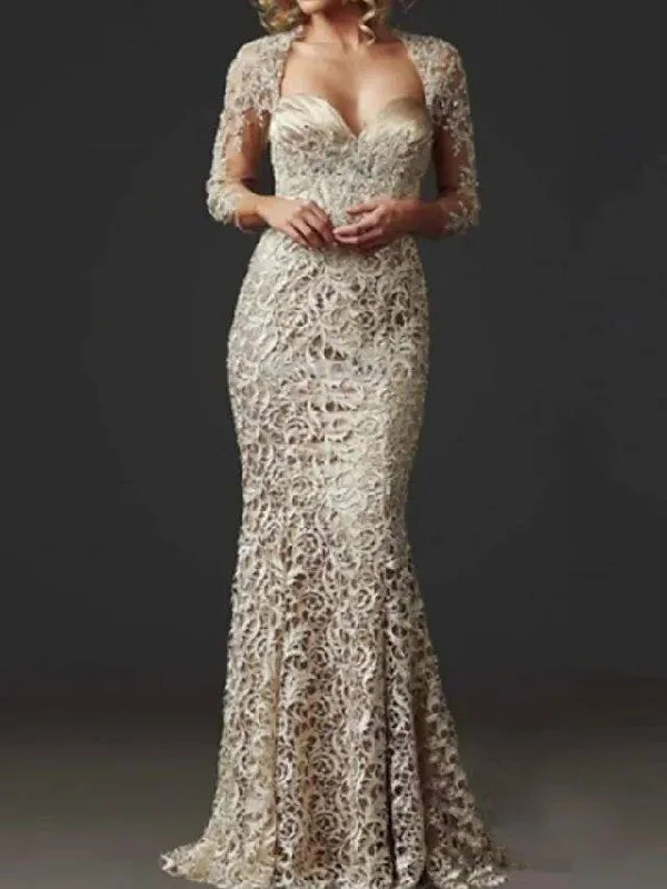 Mermaid / Trumpet Mother of the Bride Dress Elegant Sweetheart Neckline Floor Length Lace 3/4 Length Sleeve with Lace Mermaid / Trumpet Mother of the Bride Dress Elegant Sweetheart Neckline Floor Length Lace 3/4 Length Sleeve with Lace