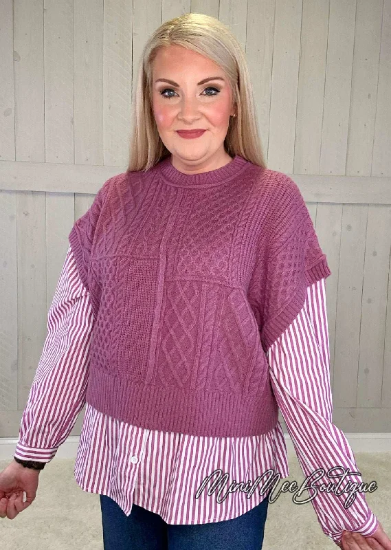 Purple Sweater with Striped Sleeves Mesh Fabric Canvas Fabric Denim Fabric