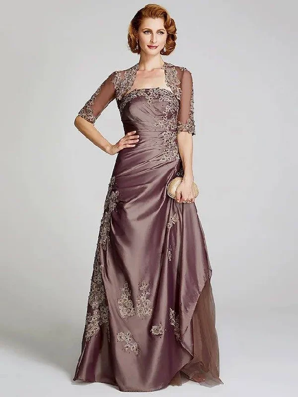 A-Line Mother of the Bride Dress Wrap Included Strapless Floor Length Taffeta Beaded Lace Half Sleeve with Beading Appliques Side Draping