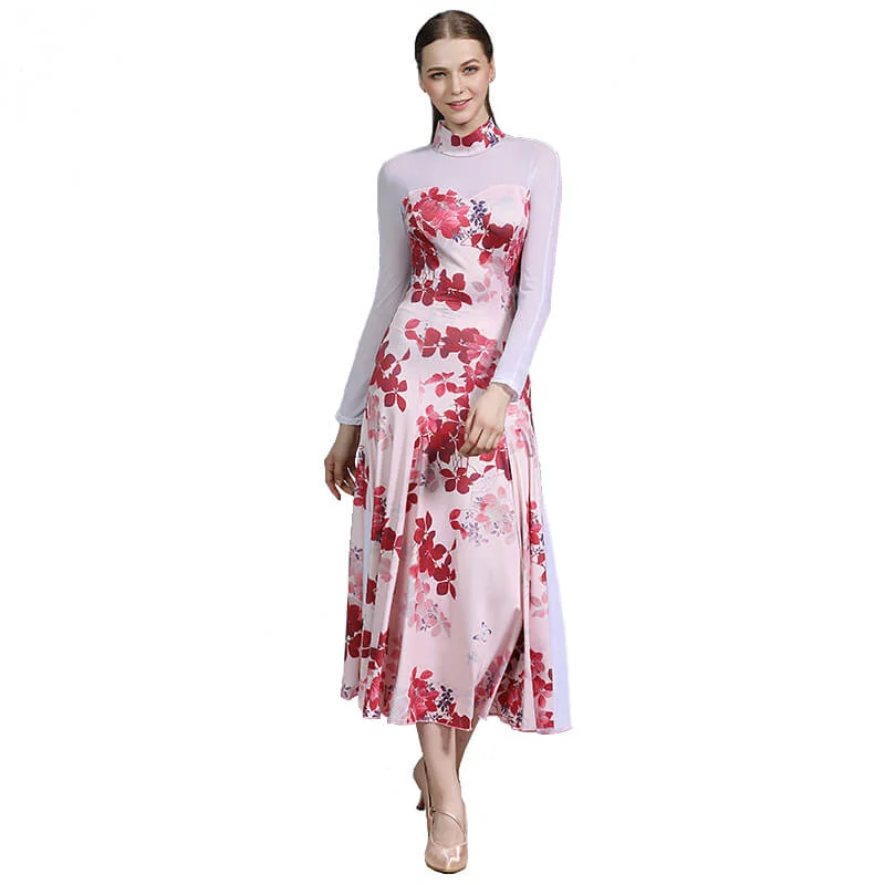 Flower Print Draped Ballroom Dress with Mesh