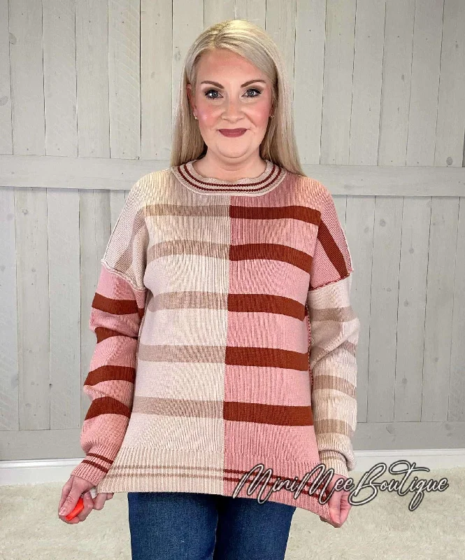 Pink/Tan Striped Sweater Ribbed Striped Patterned
