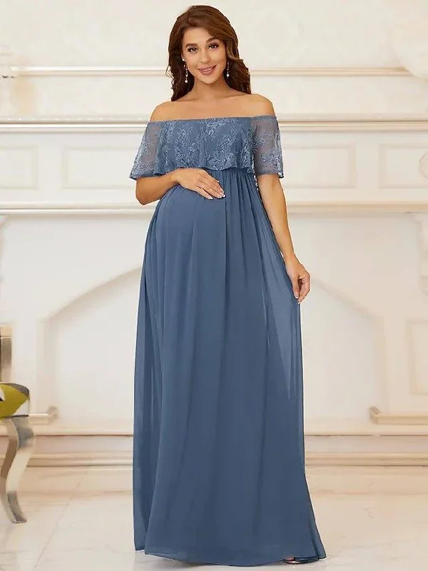 A-Line Mother of the Bride Dress Elegant Off Shoulder Floor Length Chiffon Short Sleeve with Lace Draping Embroidery A-Line Mother of the Bride Dress Elegant Off Shoulder Floor Length Chiffon Short Sleeve with Lace Draping Embroidery