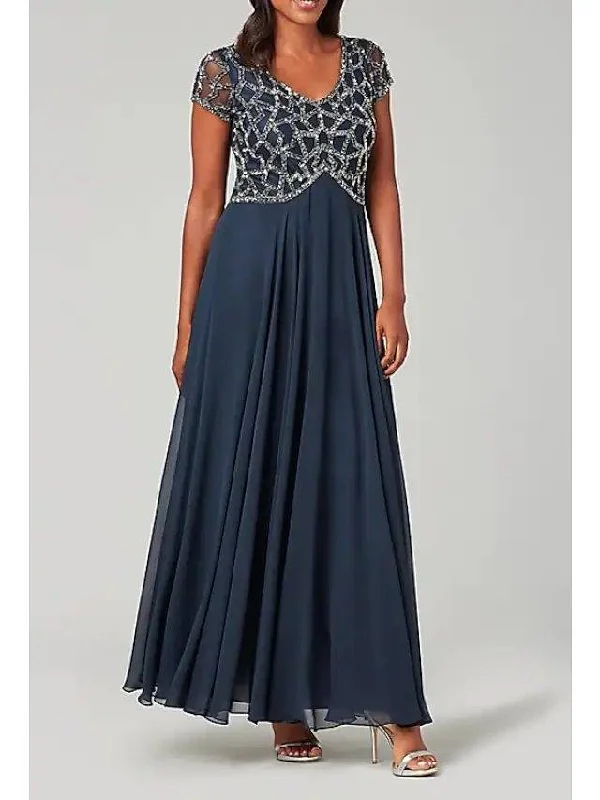 A-Line Mother of the Bride Dress Elegant V Neck Floor Length Tulle Polyester Short Sleeve with Sequin A-Line Mother of the Bride Dress Elegant V Neck Floor Length Tulle Polyester Short Sleeve with Sequin