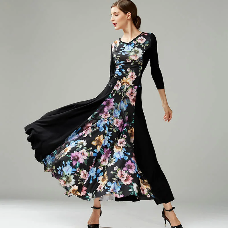 Flower Print Long Sleeve Ballroom Dress(Top+Skirt)
