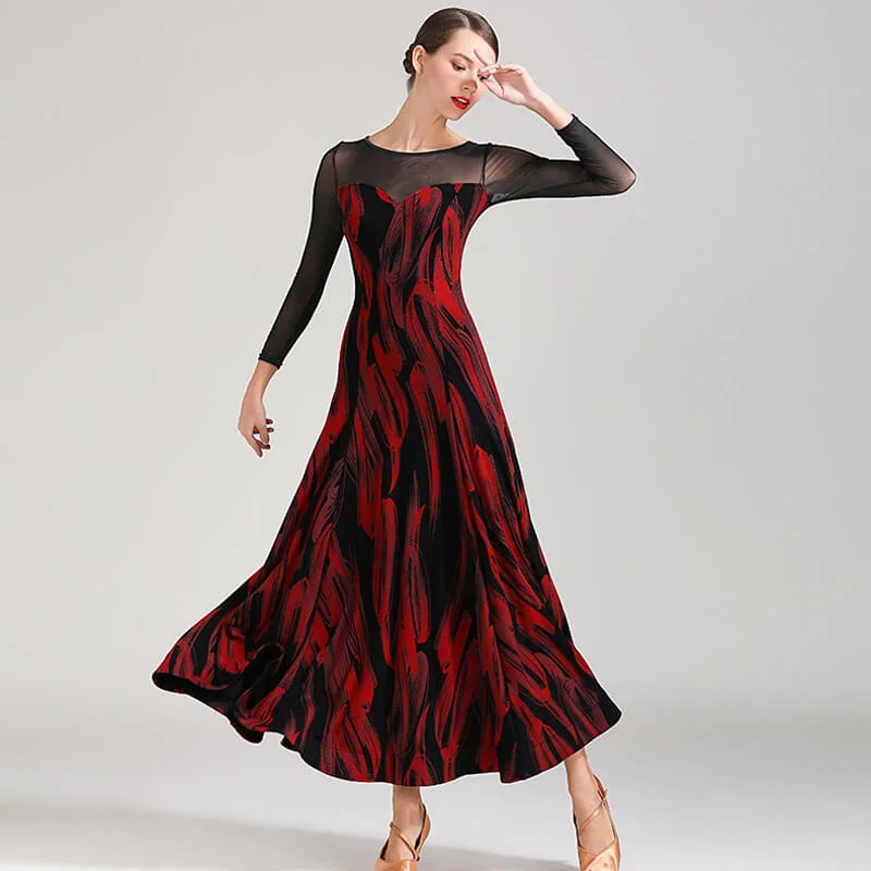 Flared Long Ballroom Dress with Mesh