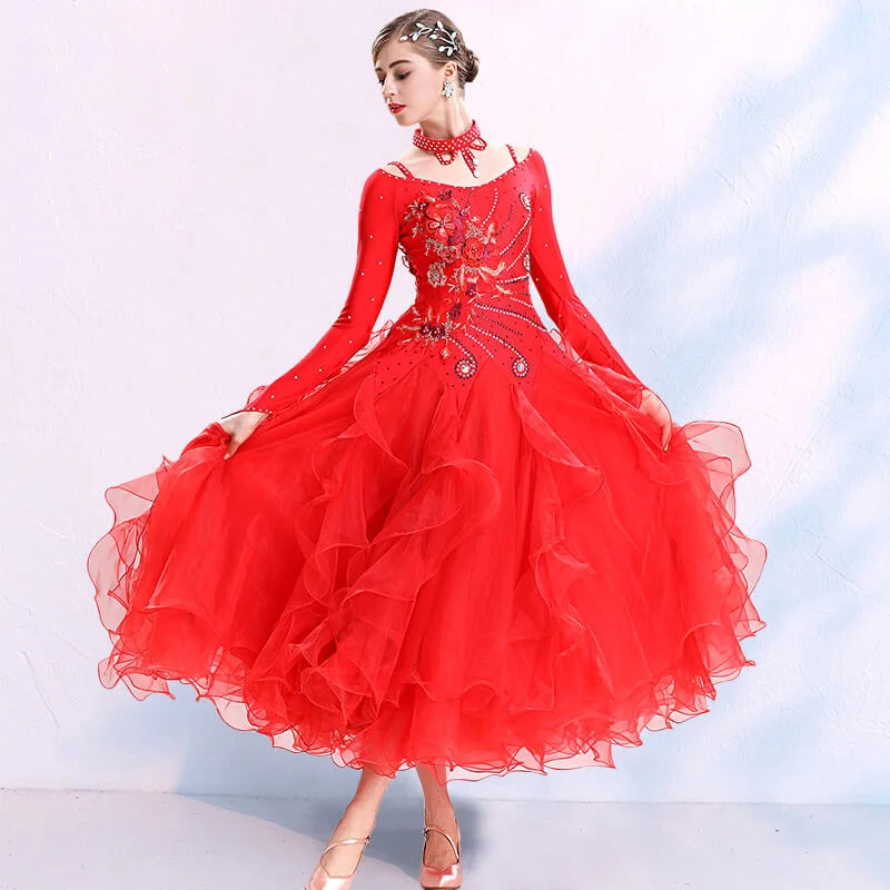 Crew Neck Long Sleeve Ballroom Dress with Mesh
