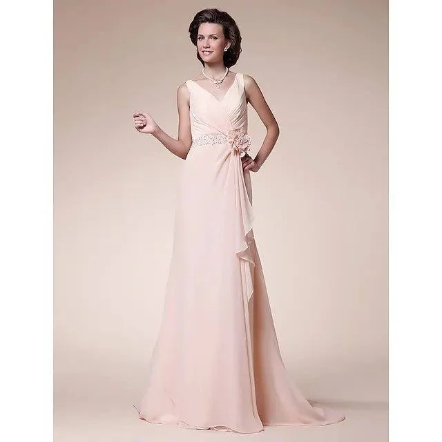 A-Line Mother of the Bride Dress Floral V Neck Sweep / Brush Train Chiffon Sleeveless with Criss Cross Beading Ruffles
