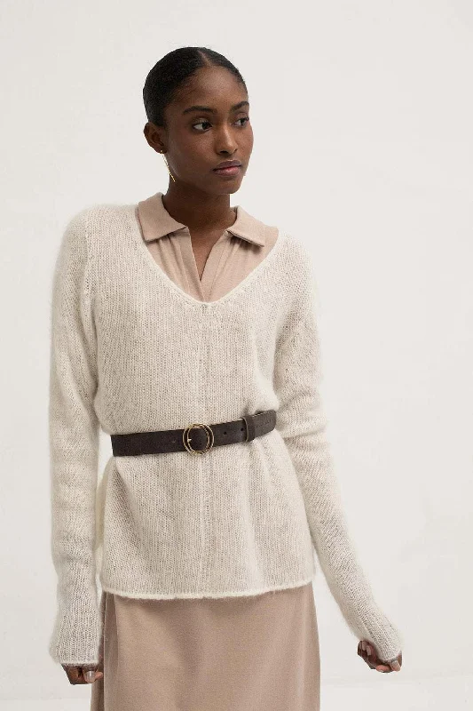 Mus & Bombon Ancora V-Neck Sweater | White | Clearance Final Sale Herringbone Houndstooth Plaid Mus & Bombon Ancora V-Neck Sweater | White | Clearance Final Sale Herringbone Houndstooth Plaid