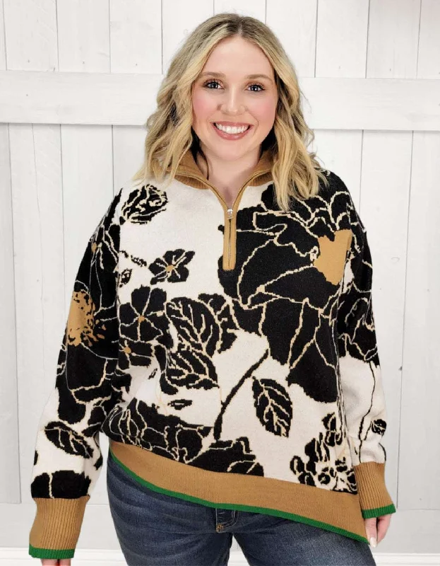 Flower Pattern Half Zip Sweater Nylon Fabric Polyester Fabric Spandex Fabric
