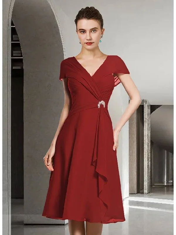A-Line Mother of the Bride Dress Elegant V Neck Knee Length Chiffon Cap Sleeve with Ruched